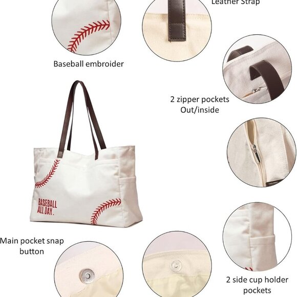 Baseball Mom Bag Canvas Sports Tote Large Capacity Gifts for Women Youth - Picture 5 of 9